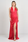 Doridorca Kadın Derin V Yaka Beli Drapeli Maxi Boy Abiye Elbise 7084 Kırmızı