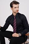 Gömlek Kravat Seti (Bordo Çizgili Kravat & Siyah Saten Slimfit Gömlek)