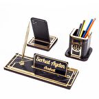 Space Avukatlara Özel Kalemlikli Ahşap Masa İsimliği Seti Mermer Desenli Hediye Ofis Masa İsimlik 