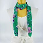 PAREDORA Yakma İpek Çiçekli Yeşil Uzun Fular