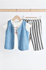 Next Baby Pamuklu Gülen Desenli Kısa Kollu Denim Yelek Çizgili Jogger Pantolon 3’lü Alt Üst Takım