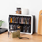 1041 12'li Standlı Kendinden Yapışkanlı Kaşıklı Kapaklı Baharatlık Saklama Kabı Seti - Siyah Beyaz