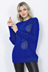Kadın Triko Kazak Bisiklet Yaka Yaprak Desenli Kolu Taşlı Oversize Saks Mavi
