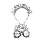 Plastik Happy Bırthday Simli Taç Gözlük Gümüş 2 li Set