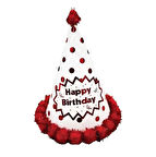 Happy Bırthday Parlak Parti Şapka Makaron Kırmızı Ponponlu 23 cm