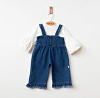 Püsküllü Kız Bebek Jean Salopet Tulum Takım