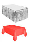 Plastik Kırmızı Masa Örtüsü - Gümüş Metalize Masa Eteği Püskülü