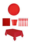 Kırmızı Renk Plastik Tabak, Bardak, Çatal, Peçete Ve Tek Kullanımlık Masa Örtüsü Seti