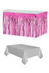 Plastik Gümüş Masa Örtüsü - Pembe Metalize Masa Eteği Püskülü