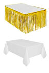 Plastik Beyaz Masa Örtüsü - Gold Metalize Masa Eteği Püskülü