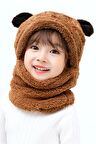 Panda Kahve Çocuk Kapşonlu Peluş Bere Atkı Welsoft Boyunluk Rüzgar Geçirmez Kulaklı Şapka 3-6 Yaş