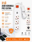 3'lü Akım Korumalı Priz Uzatma Kablosu 1,5 Metre – 2 USB Girişli, Işıklı Anahtarlı, Çocuk Korumalı