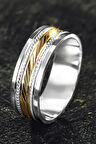 Erkek Gümüş Alyans - Altın Renk Geçişli İşlemeli Erkek Yüzük