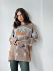 Retrobird Vintage Desenli Jakarlı Triko Kazak Kadın Kum