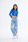 Yırtık Detaylı Wide Leg Jean Pantolon