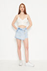 Mavi 3 Düğmeli Önden Etek Görünümlü Şort