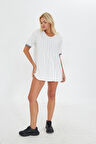 Beyaz Bisiklet Yaka ince Çizgili Mini Elbise/ Tunik