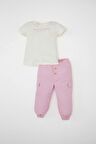 DeFacto Kız Bebek 2'li Takım Baskılı Kısa Kollu Tişört Üst Paraşüt Pantolon Alt C4621A524SMPN444