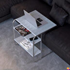 Modilayn C Yan Sehpa Geniş Boy Tekerlekli Çalışma, Atıştırmalık, Yemek, Laptop Sehpası Beyaz Çizgili