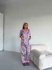 Muah Space Cowgirl Kadın Saten Pijama Takımı Uzay ve Kovboy Desenli Kısa Kollu Mor