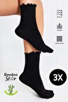 Bambu Kadın Siyah Fırfırlı Lastiksiz Dikişsiz Kadın Soket 3lü Siyah Çorap/iz Bırakmaz /sıkmayançorap