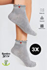 Bambu Kadın Kalp Desenli Fırfırlı Patik Lastiksiz Dikişsiz Gri Çorap 3Lü Paket
