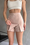 Kadın Bej Piliseli Mini Şortlu Etek