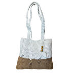 Uretti - Emine 9106 El Örgüsü Ahşap Boncuklu Çift Renk Model Pamuk İp Omuz Çantası - 30 x 26