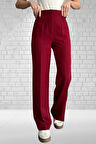 Kadın Bordo Yüksek Bel Krep Kumaş Likralı Palazzo Pantolon