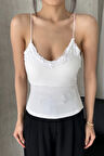 Kadın Beyaz Gloplu İp Askılı Büstiyer Sütyenli Crop Atlet