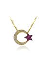 Kadın Altın Fuşya Beyaz Taşlı Ay Yıldız 925 Ayar Gümüş Kolye
