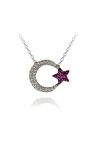 Kadın Fuşya Beyaz Taşlı Ay Yıldız 925 Ayar Gümüş Kolye