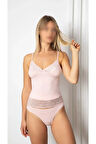 Kadın Pudra Dantel Detaylı Penye Atlet Kaşkorse Seti