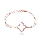 Zirkon Taşlı Pırlanta Montür Rose Altın Kaplama Çift Sıra Zİncirli Yonca Desenli Gümüş Bileklik