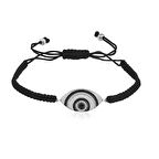 Zirkon Taşlı Pırlanta Montür Gümüş Rengi Altın Kaplama Siyah İpli Göz Desenli Gümüş Makrome Bileklik