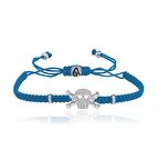 Zirkon Taşlı Pırlanta Montür Gümüş Rengi Altın Kaplama Petrol Mavisi İpli Kuru Kafa Gümüş Makrome Bileklik