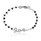 Zirkon Taşlı Pırlanta Montür Gümüş Rengi Altın Kaplama Siyah Boncuklu Love Yazılı Gümüş Bileklik