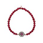 Zİrkon Taşlı Pırlanta Montür Rose Altın Kaplama Kırmızı Boncuklu Çiçek Desenli Gümüş Strech Bileklik