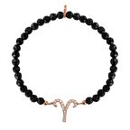 Zirkon Taşlı Pırlanta Montür Rose Altın Kaplama Siyah Boncuklu Koç Burcu Sembollü Strech Gümüş Bileklik