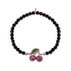 Zirkon Taşlı Pırlanta Montür Rose Altın Kaplama Siyah Boncuklu Kiraz Gümüş Strech Bileklik