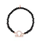 Zirkon Taşlı Pırlanta Montür Rose Altın Kaplama Siyah Boncuklu Terazi Burcu Sembollü Strech Gümüş Bileklik