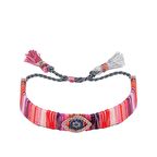 Zİrkon Taşlı Pırlanta Montür Rose Altın Kaplama Göz Figürlü Renkli İpli Makrome Gümüş Bileklik