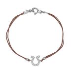 Zirkon Taşlı Pırlanta Montür Gümüş Rengi Kaplama Kahverengi İpli At Nalı Bileklik