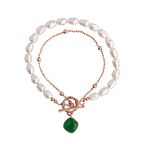 Yeşil Taşlı Rose Altın Kaplama İncili Dolamalı Gümüş Bileklik