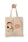 Yılbaşı Yeni Yıl Konseptli Snoopy Merry Christmas Beyaz Bez Çanta Uzun Saplı Alışveriş Çantası