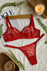 Kırmızı Kalp Desenli Şeffaf Dantel Sütyen Külot Takım