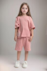 Kız Çocuk Giyim %100 Pamuklu Retro Pembe Oversize T-Shirt & Şort İkili Takım LL.P01.O2.L01.011