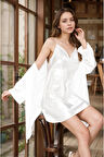 Kadın Giyim Sade Beyaz İp Askılı Gecelik & Sabahlık 2'li Takım LL.F01.AA.L041
