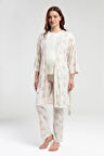 Kadın Krem Sabahlıklı 3'lü Lohusa Pijama Takımı