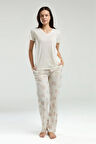Kadın Ekru V Yaka Viskon Cep Detaylı Pijama Takımı